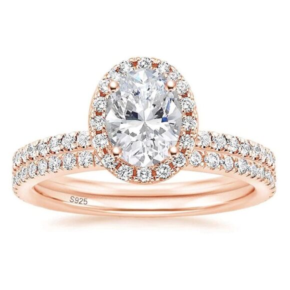 18K Rose Gold .925 Sterling Silver and Diamond Cubic Zirconia Wedding Band Set - Picture 1 of 7